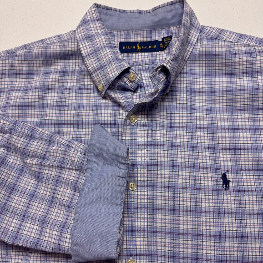 Ralph Lauren Shirt‎ Mens XL Blue Purple Plaid Button Down Long Sleeve Flip Cuff